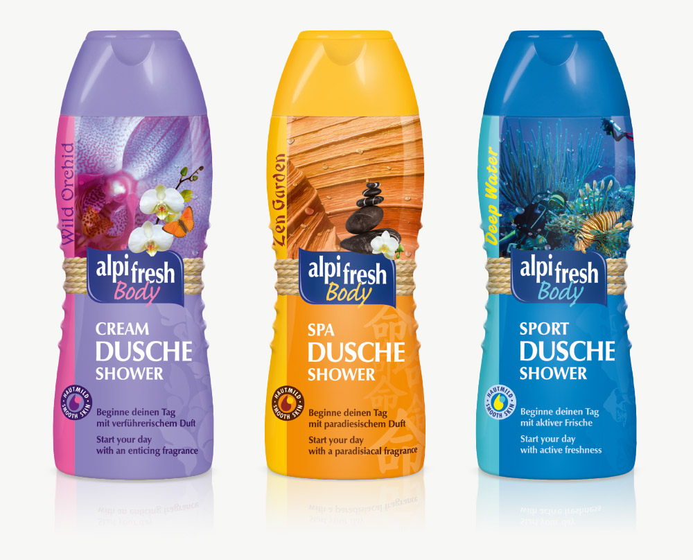 Verpackungsdesign einer Duschbadserie der Handelsmarke alpi fresh